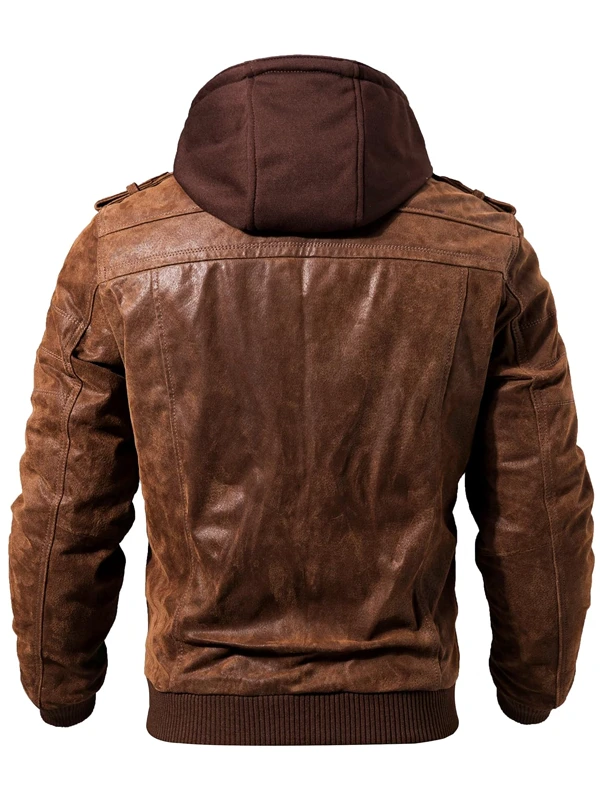 Mens Hooded Brown Bomber Leather Jacket