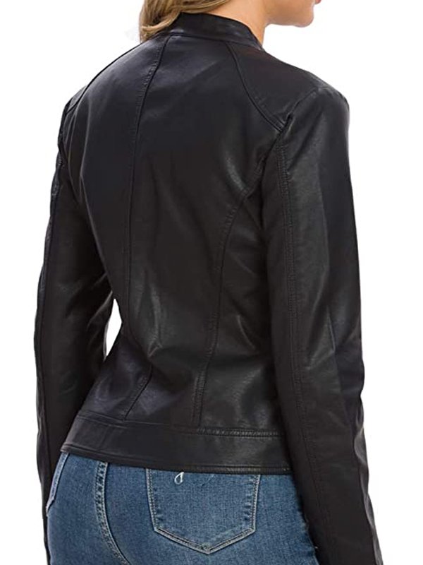 Snap Tab Black leather Jacket Women