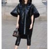 Paris Fashion Show Gemma Chan Black Leather Coat