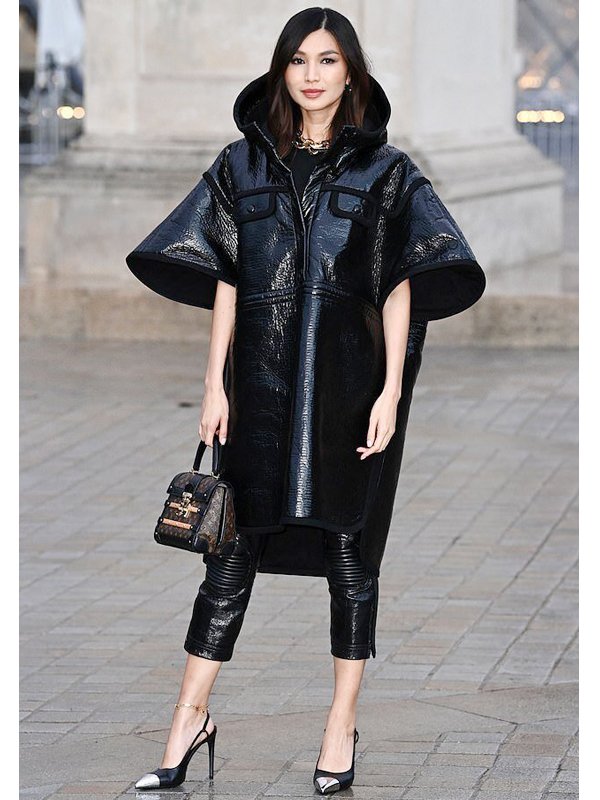 Paris Fashion Show Gemma Chan Black Leather Coat