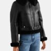 Women's Aviator Shearling Black Leather Cropped Jacket