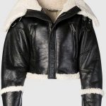 Women's Black Leather Cropped Wide Shearling Collar Jacket