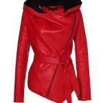 Women Red Hooded Leather Jacket