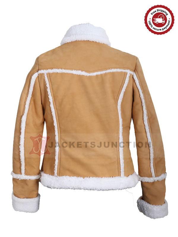 Women's Tan Shearling Trim Suede Leather Jacket