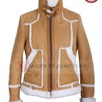 Women's Tan Shearling Trim Suede Leather Jacket