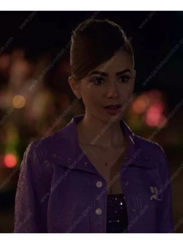 Lily Collins Emily in Paris Purple Leather Jacket