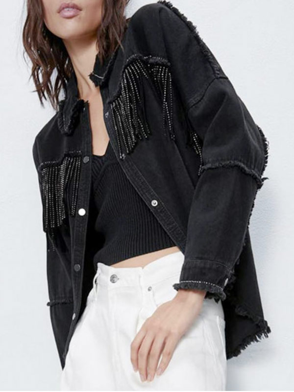 Jodie Comer Killing Eve Villanelle Black Denim Fringe Jacket