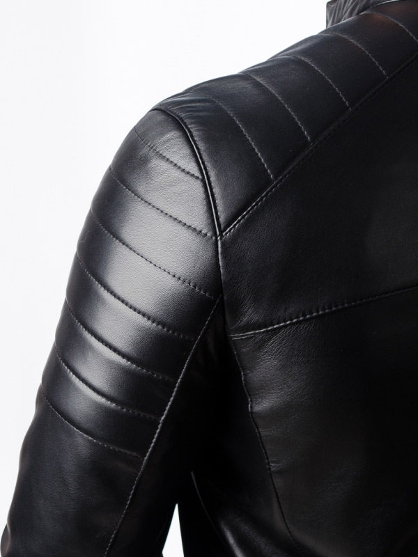 Mens Quilted Motorcycle Leather Jacket Arm Closeup