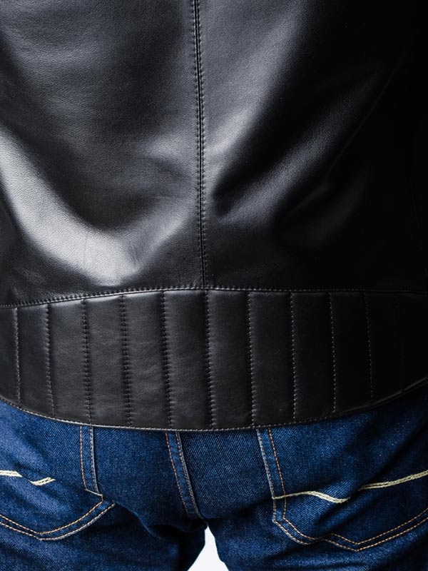 Mens Quilted Motorcycle Leather Jacket Hemline Closeup