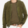 Slim-fit Olive Green Suede Bomber Jacket Mens