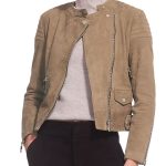 Women's Collarless Khaki Suede Leather Jacket