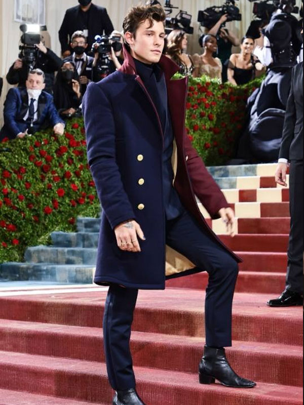 Shawn Mendes Met Gala 2022 Maroon and Blue Coat