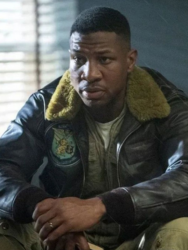 Devotion 2022 Jonathan Majors Leather Jacket with Shearling collar