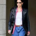 Meeting In NYC 2022 Bella Hadid Leather Blazer