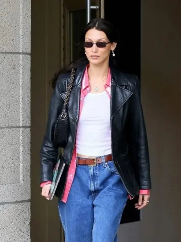 Meeting In NYC 2022 Bella Hadid Black Leather Blzer