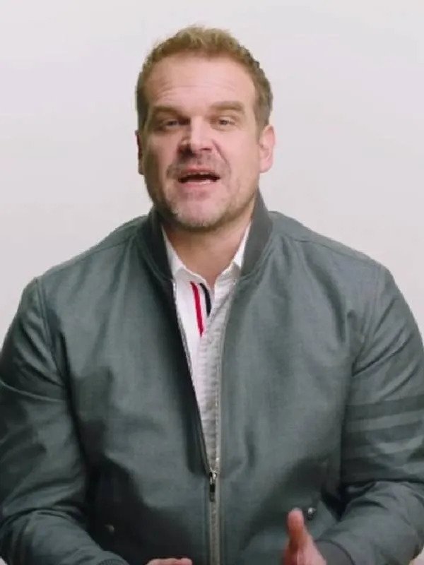 David Harbour Stranger Things S04 Jim Hopper Grey Bomber Jacket