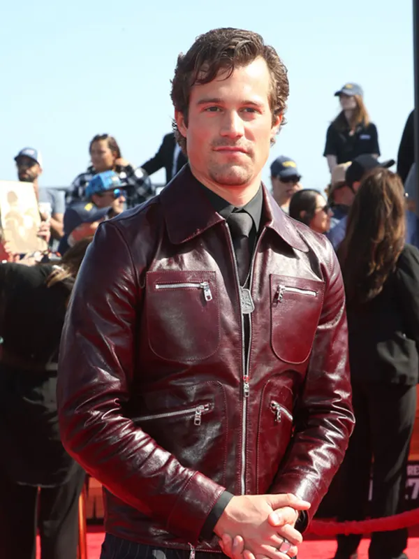 Jake Picking Top Gun Maverick Brigham Lennox Maroon Leather Jacket