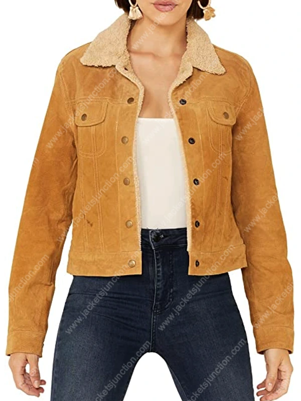 Amber Midthunder Brown Suede Sherpa Jacket