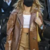 Hailey Bieber Brown Leather Trench Coat