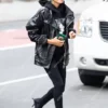 Hailey Bieber Oversized Black Motorcycle Leather Jacket