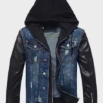 Mens Hooded Leather Denim Jacket