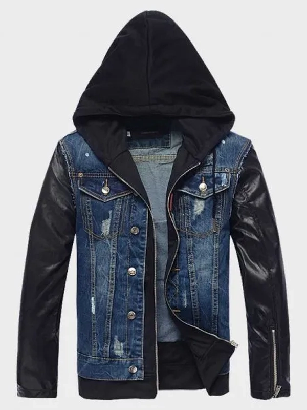 Mens Hooded Leather Denim Jacket