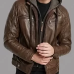 Mens Brown Leather Hooded Jacket