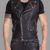 Mens Distressed Black Leather Biker Vest