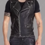 Mens Distressed Black Leather Biker Vest