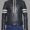 Mens Hooded White Striped Leather Jacket