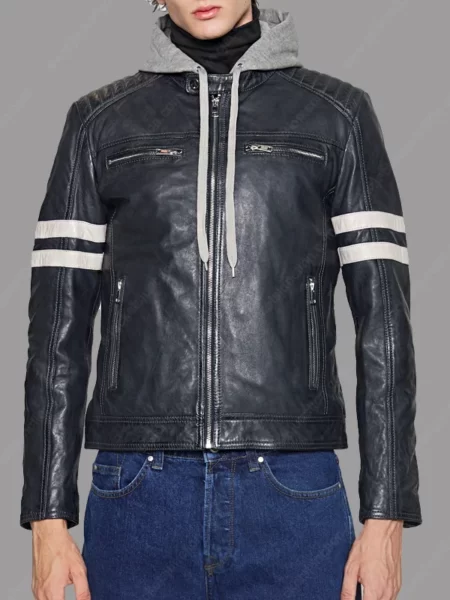 Mens Hooded White Striped Leather Jacket