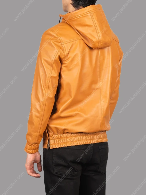 Pullover Style Tan Brown Hooded Leather Jacket for Mens