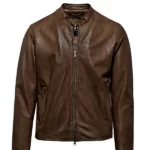 Mens Brown Leather Snap Tab Collar Jacket