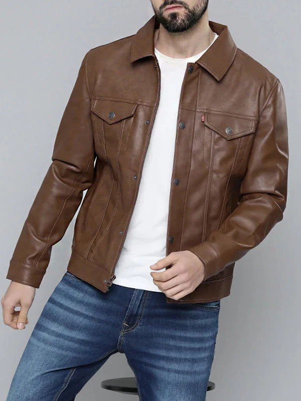 Shirt Collar Brown Leather Jacket for Mens