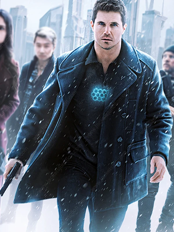 Simulant 2023 Robbie Amell Black Coat