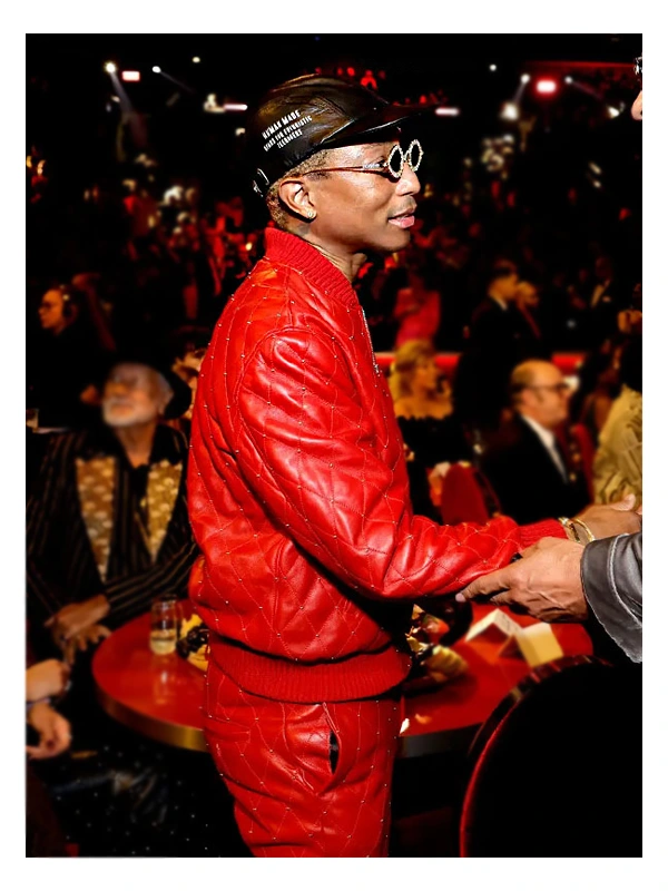 Grammys Awards 2023 Pharell Williams Red Quilted Leather Tracksuit