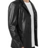 Black Leather Three Button Blazer for Mens