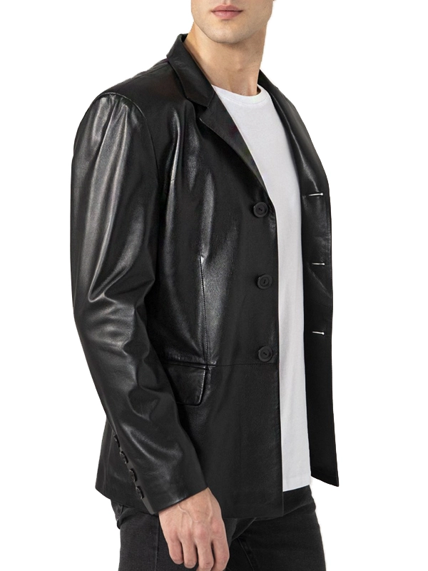 Black Leather Three Button Blazer for Mens