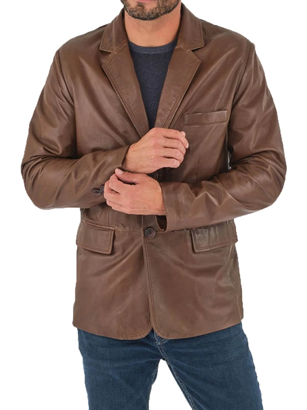 Brown Leather Flap Pocket Blazer for Mens