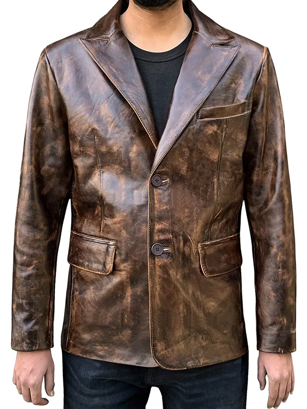 Distressed Brown Vintage Leather Blazer for Mens