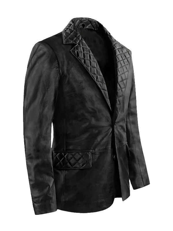 Mens Black Leather Quilted Blazer