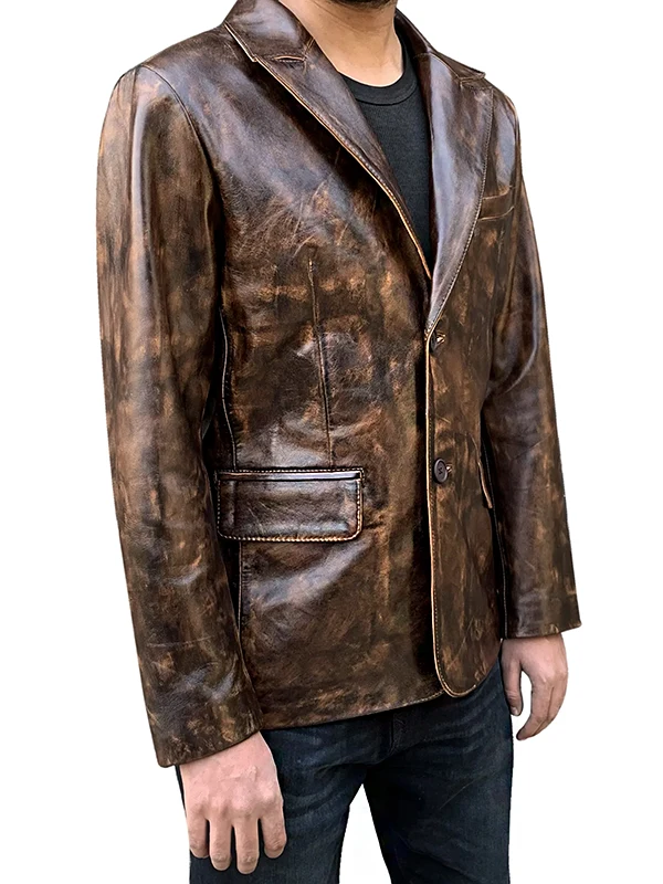 Mens Brown Distressed Leather Blazer