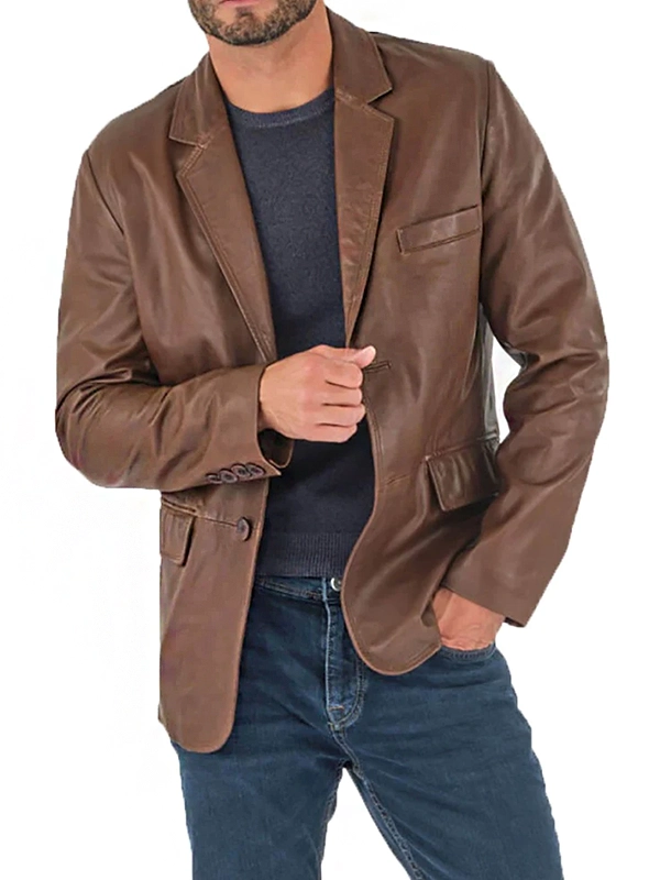 Mens Brown Flap Pocket Leather Blazer