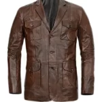 Mens Brown Four Pockets Leather Blazer