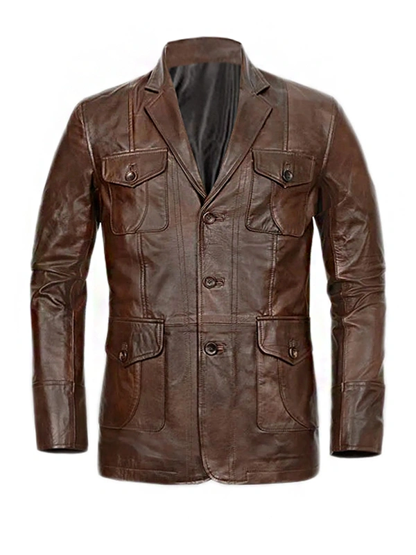 Mens Brown Four Pockets Leather Blazer