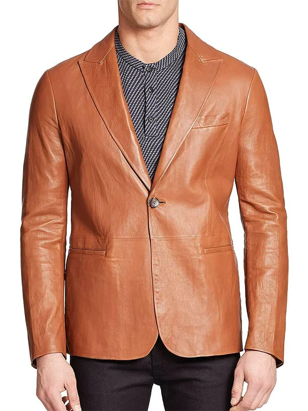 Mens Brown Single Button Leather Blazer