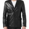 Mens Three Button Black Leather Blazer