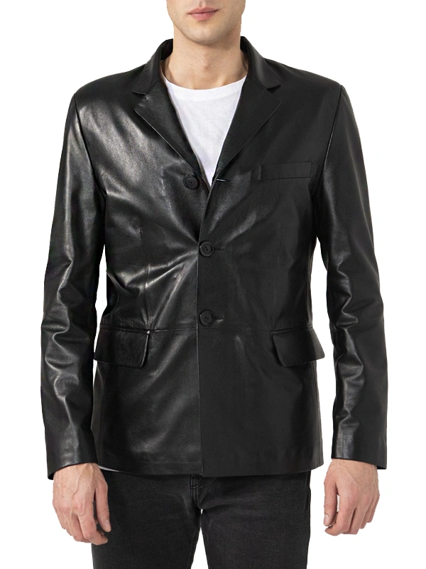 Mens Three Button Black Leather Blazer