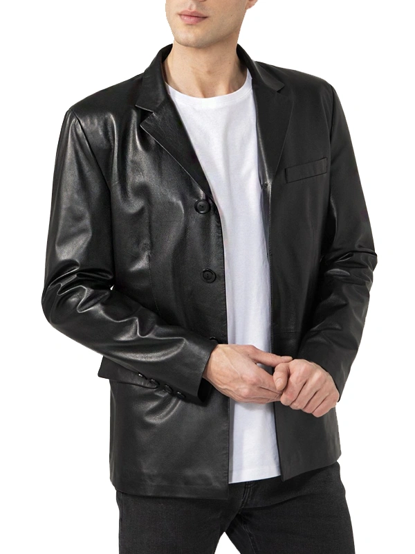 Mens Three Button Leather Black Blazer