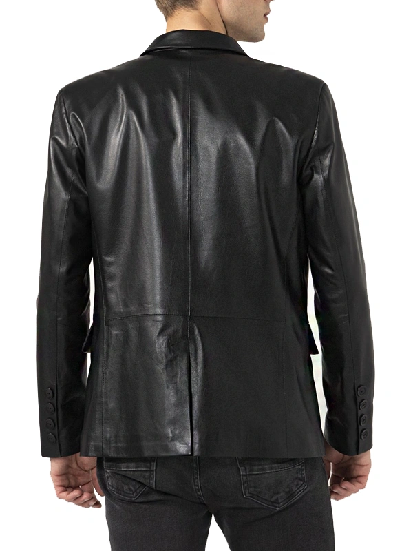 Three Button Leather Black Blazer for Mens